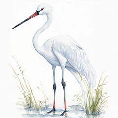 Watercolor drawing of a white crane bird.