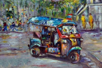 Art painting Oil color  tuk tuk  car