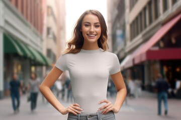 Beautiful woman in a gray t-shirt and jeans poses on a street with shopping malls. Generative AI