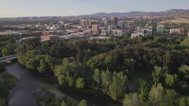 Flying over the Boise River toward downtown Boise