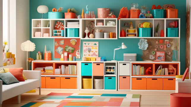 Organize with Fun: Colorful Shelving System for Kids' Playrooms

