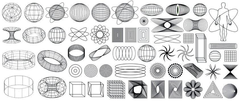 3d Retro futuristic. Black trip elements on the white background. Acid rave concept. Trippy vibe shapes, dots, lines, abstract forms in vaporwave 80s and 90s.