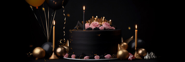 luxurious birthday celebration themed minimalist black cake with golden icing topped with flowers and balloon surrounded by sprinkles of gold on black background, banner, generative AI