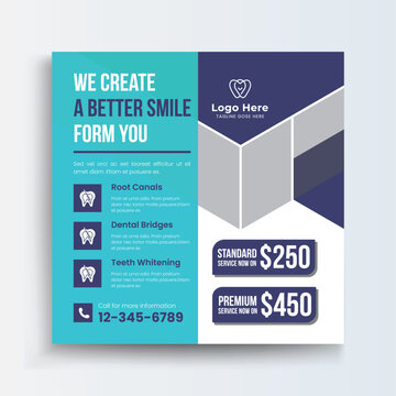 Dental Care Medical square banner design template. Modern banner with blue wave frame and place for the photo. Suitable for social media post, banners, signs, flyers, and websites.