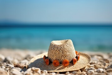 Straw hat and on beach sand beside starfish and seashells in sunlight. Generative AI