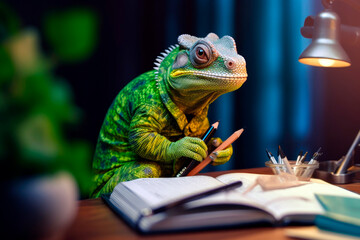 Fototapeta premium friendly and charismatic chameleon character involved in an everyday activity, animal influencer, animals banner, Generative AI