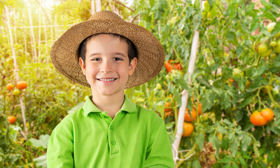 Portrait of a happy farm boy posing in a tomato orchard.