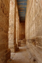 Inscriptions on the columns of the mortuary temple of Medinet Habu in Luxor in Egypt