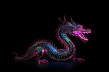 Fototapeta premium Neon light oriental dragon illustration. Generative AI
