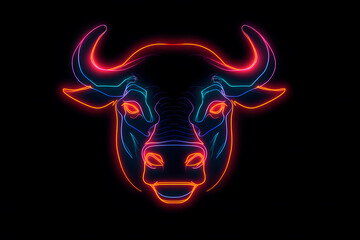 Figure of a bull with neon lighting isolated on black background. Generative AI