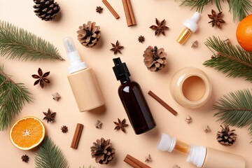 Fototapeta na wymiar season skincare concept. Top view photo of cosmetic bottles Christmas ornaments baubles snowflakes