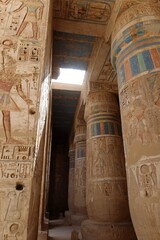 Inscriptions on the columns of the mortuary temple of Medinet Habu in Luxor in Egypt