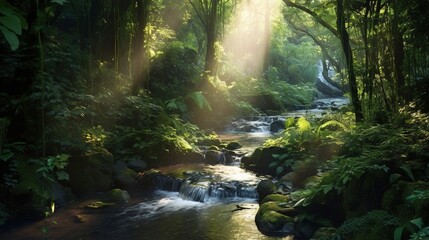 A magical forest scene with sunlight falling on a forest stream with clear water. Generative ai.