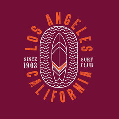 Los Angeles California summer typography surf board line drawn beach surf vector design
