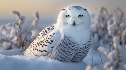 Snowy Owl Perched on Snow on White Background. Generative ai.