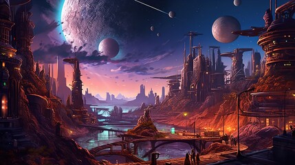 A sci-fi city on a distant planet, with an alien race and strange technology. Fantasy concept , Illustration painting. Generative AI