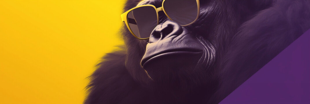 Fabulous big purple boss gorilla with tinted sunglasses on a yellow background, banner, generative AI