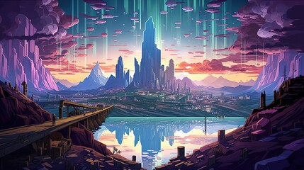 A surreal landscape with a city built into a giant crystal. Fantasy concept , Illustration painting. Generative AI