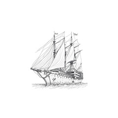 Retro sailing ship sailing on waves. Hand drawn vector sketch of. wooden  frigate shipe Nautical retro water transport in vintage engraving style
