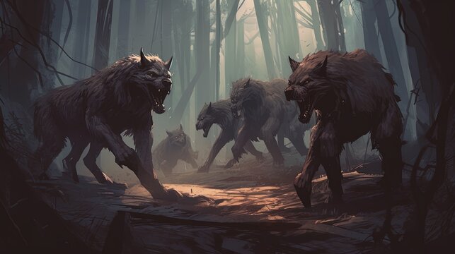 A werewolf pack hunting in the woods. Fantasy concept , Illustration painting. Generative AI