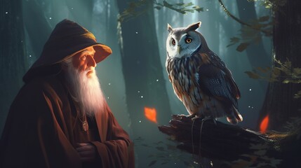 A wise wizard accompanied by a majestic owl in a magical forest. Fantasy concept , Illustration painting.
