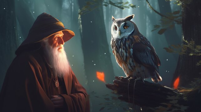 A wise wizard accompanied by a majestic owl in a magical forest. Fantasy concept , Illustration painting.