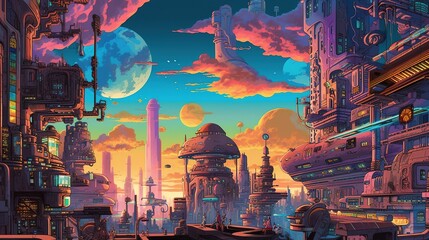 A sci-fi metropolis with holographic advertisements and towering skyscrapers. Fantasy concept , Illustration painting. Generative AI
