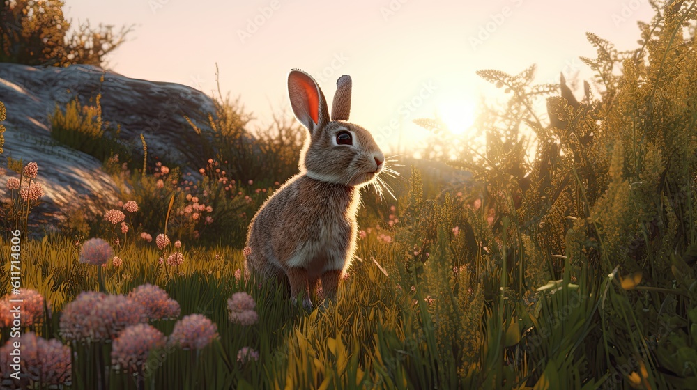 Wall mural Bunny Rabbit In Field, Generative AI Illustration - Wall murals