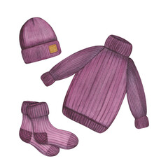 Winter or autumn purple knitted hat, sweater and socks on a white background. Hand drawn watercolor illustration