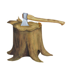 Tree stump, cut wood trunk, axe with wooden handle. Watercolor illustration on a white background. Hand drawn