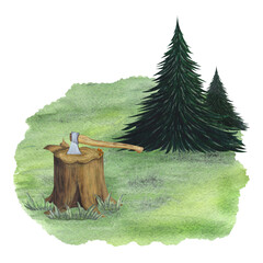 Tree stump, cut wood trunk, axe with wooden handle. Fir tree, spruce. Green glade, field, edge. Watercolor illustration on a white background. Hand drawn