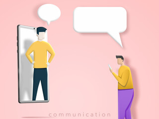 People speaking via social media and online network with speech bubble on background. Communication conversation smartphone. Illustration 3D for content businessmen  contact via messages, technology 