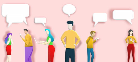 People speaking via social media with speech bubble on background. Communication conversation technology. Illustration 3D for content men and women contact via online glob, social network,high private