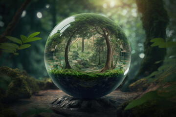 Obraz na płótnie Canvas Glass ball with trees inside in the forest. Ecology concept. AI generative.