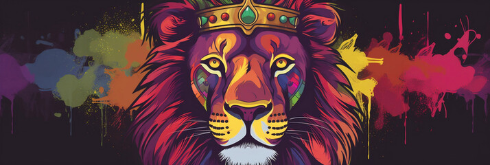 Colorful art of a lion with a crown, banner, generative AI