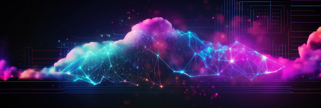Cloud technology concept, Neon colors, banner, generative AI