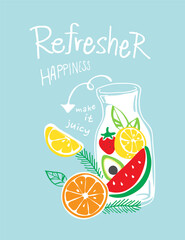 Fototapeta na wymiar refresher slogan with cartoon colorful fresh fruits in bottle vector illustration