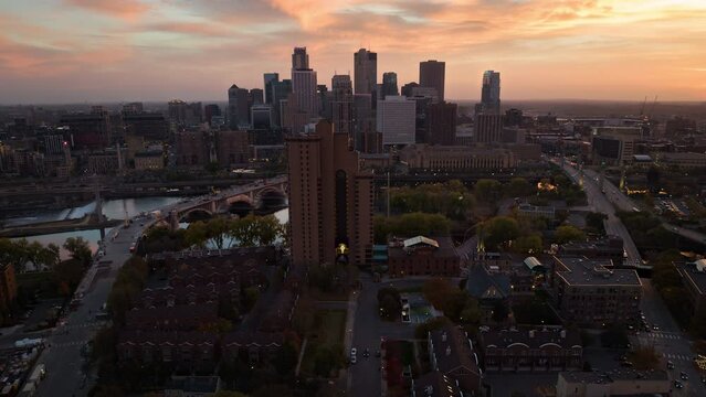 Minneapolis, Minnesota - Downtown Skyline Sunset Drone Hyperlapse