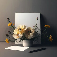 Empty blank of paper mockup with white and yellow blossom flowers in vase. Elegant bloom garden floral and template of flat card. Generative AI
