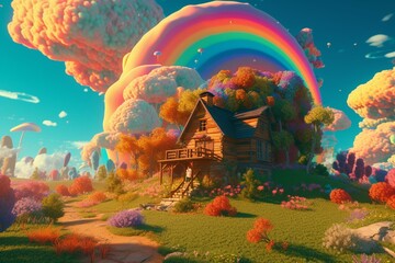 Naklejka na ściany i meble Vibrant cartoonish scenery with groovy clouds, rainbows and 70s vibes. Generative AI