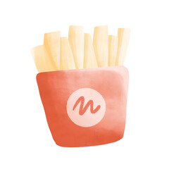 French fries fast food in red paper package. Cartoon illustration.