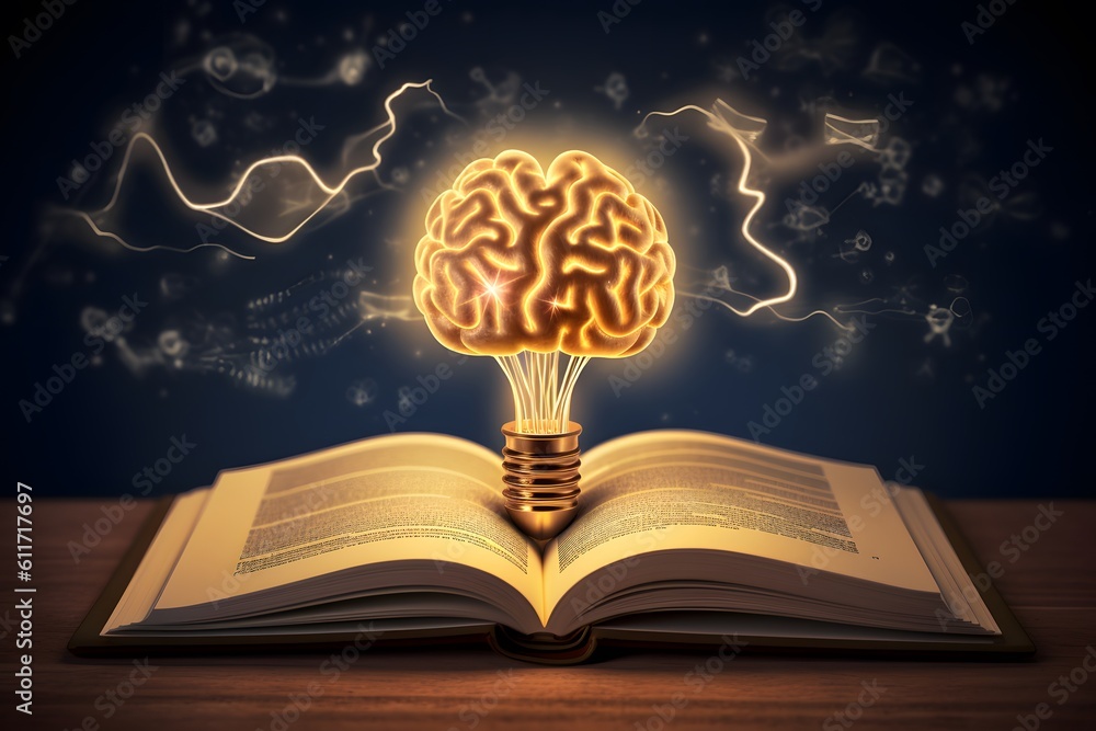 Poster glowing and shining brain lightbulb over an open book. learning concept. generative ai