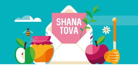 Jewish holiday Rosh Hashanah concept with envelope, honey jar and apples. Template for banner, poster or greeting card. Vector illustration