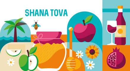 Jewish holiday Rosh Hashanah modern background with honey jar, apples and pomegranate. Template for banner, poster or greeting card. Vector illustration