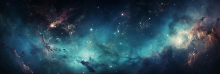 Large panoramic view of a colorful dark blue nebula in space, banner, generative AI