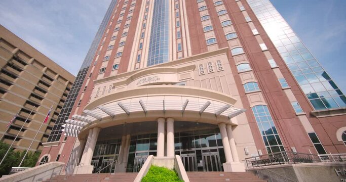 Low angle wide view of the Harris County Civil courthouse in Houston 