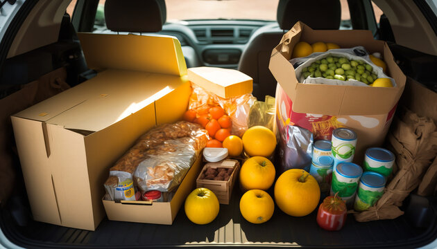 Grocery Run: Car Trunk Full of Fresh Produce and Dairy Products - ai generated Generative AI