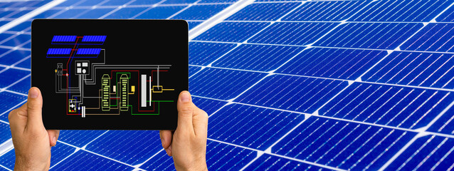 Solar scheme of solar farm on screen of digital device, engineering and remote control of solar...