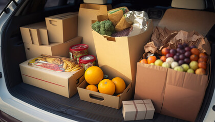 Grocery Run: Car Trunk Full of Fresh Produce and Dairy Products - ai generated Generative AI