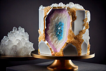 Whimsical Geode Wedding Cake with Pastel Accents and Edible Gold Leaf - ai generated Generative AI